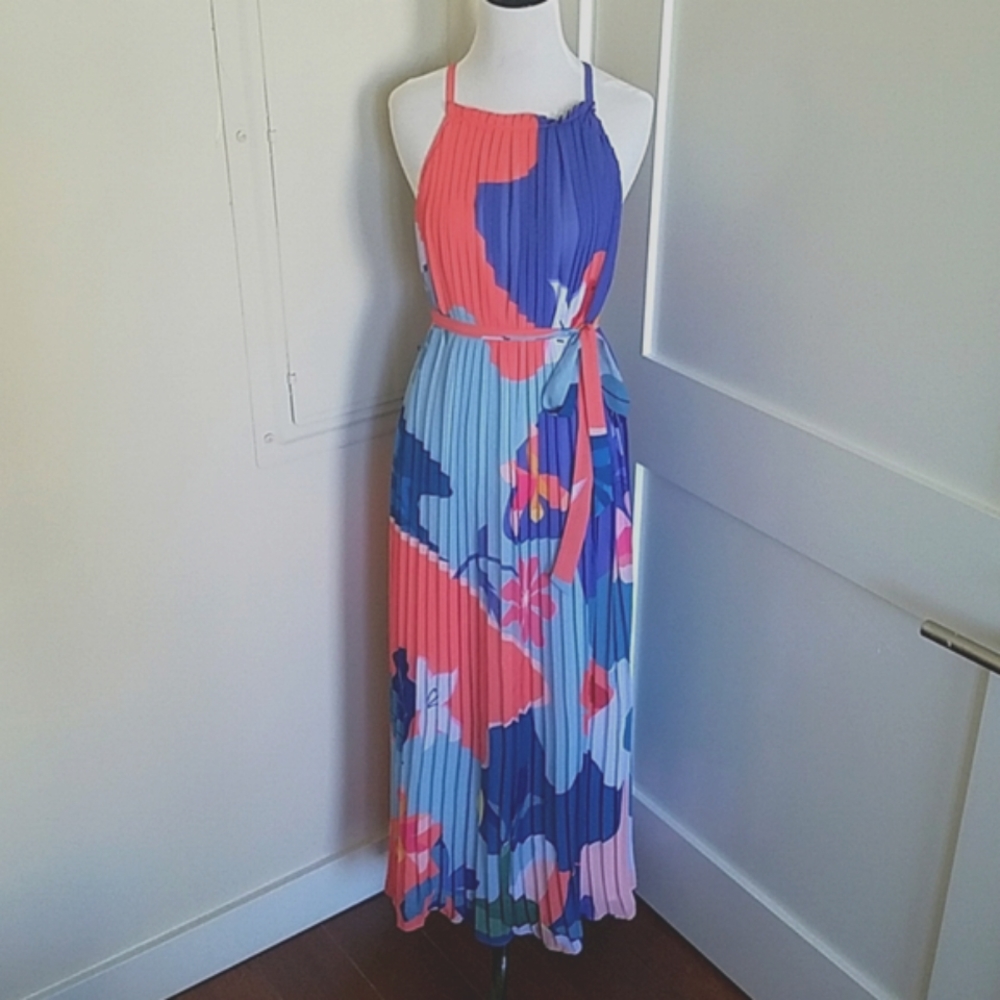 🎉HP🎉NWT Anthropologie Multicolor abstract floral pleat maxi dress w/ bowtie M